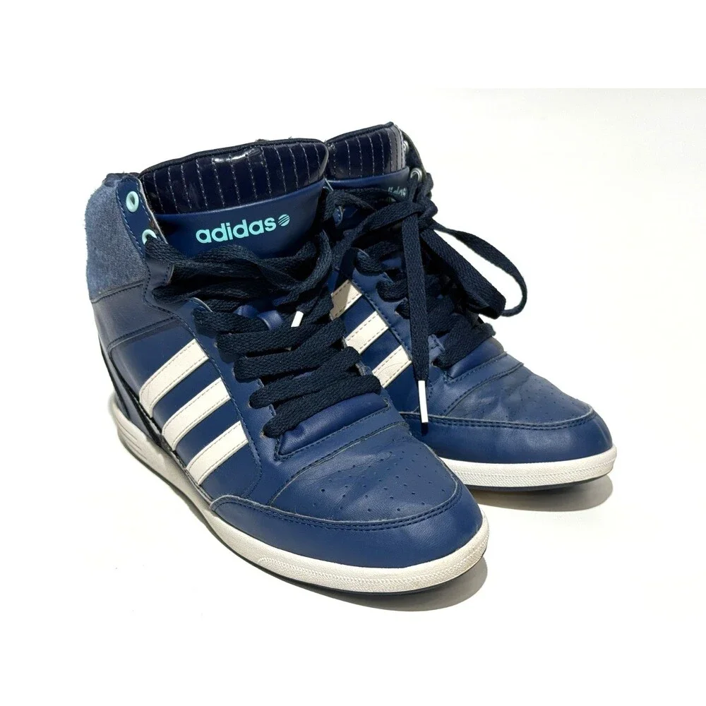 Adidas Neo Super High Wedge Trainers Womens US 8 Navy Blue White Shoes READ